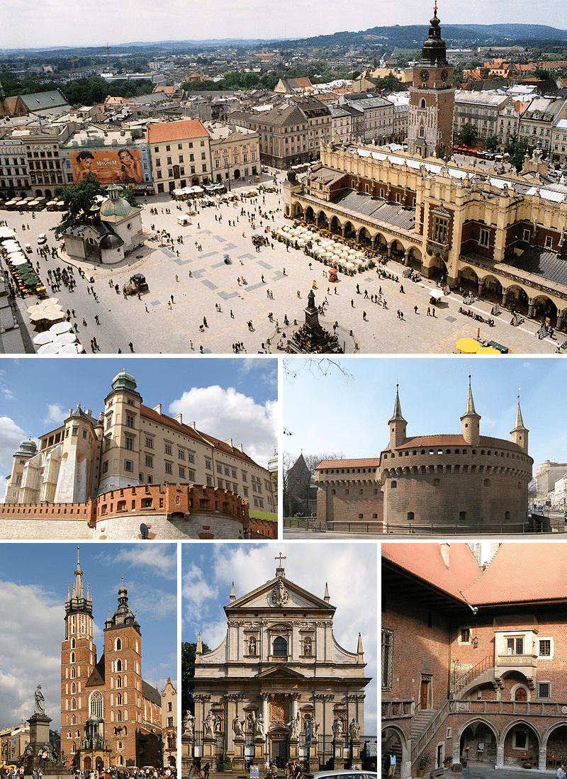 Oben: Hauptmarktplatz, Mitte links: Wawel-Burg, Mitte rechts: Barbakan, Unten links: Marienkirche, Unten Mitte: St.-Peter-und-Paul-Kirche, Unten rechts: Collegium Maius.